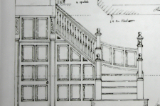 Hand drawn design of decorative kite staircase with elaborate panelling and moulds