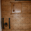 Rear of Helmsley medieval English oak door with hand forged strap and pintel hinges and lock box